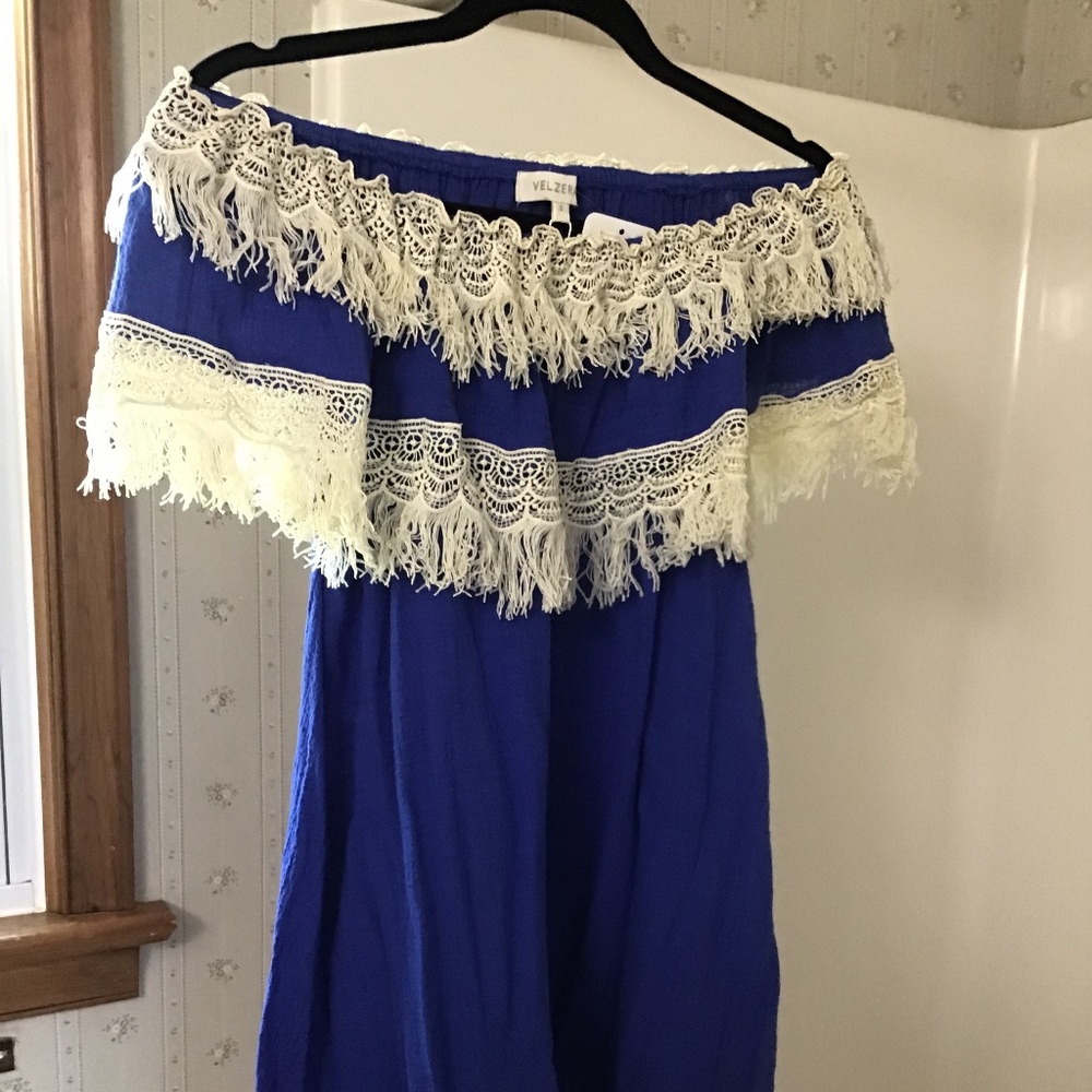 Cobalt Blue Off The Shoulder Dress Beige Fringe
